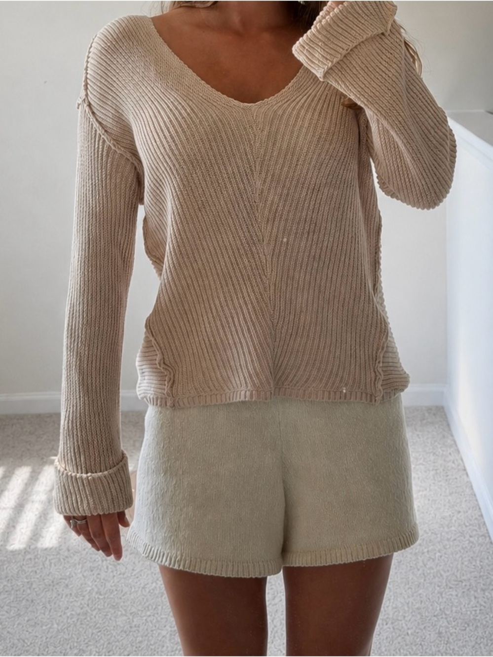 V-Neck Ribbed Knit Sweater in Beige